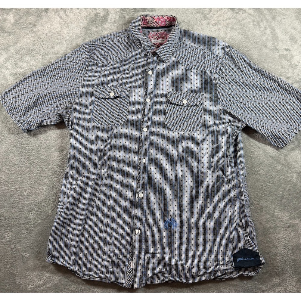 John Lennon Peace Sign Short Sleeve Western Shirt L 16.5/17 Gingham Paisley Trim